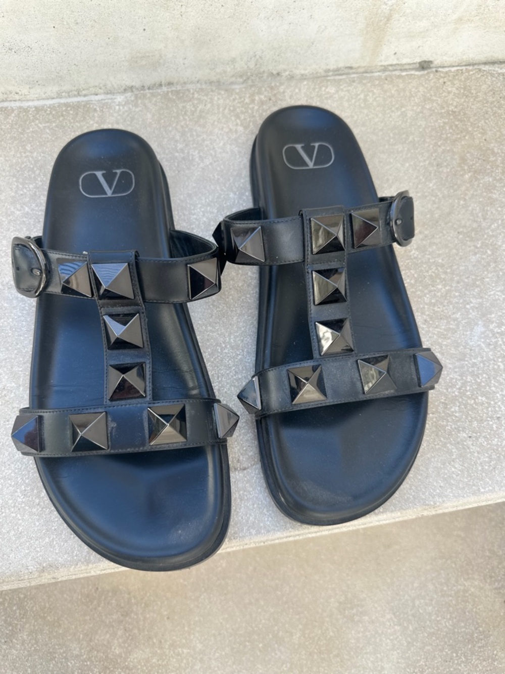 Valentino Black Pyramid Stud T-Strap Slide Sandals
